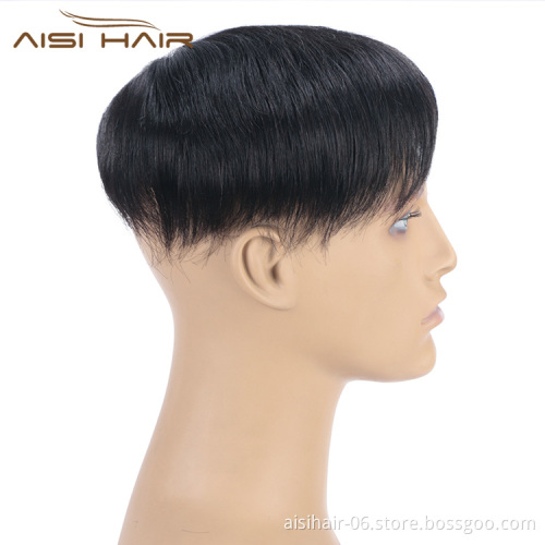 Aisi Hair 100% Human  Hair Men Toupee Human Hair Man Hairpieces Natural Black Machine Made Men Toupee with Clips